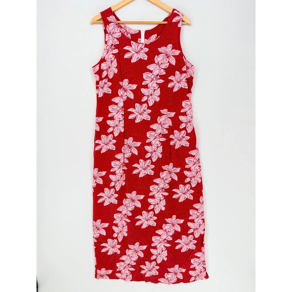 Ho Aloha Floral Sheath Dress Women XL Red Pink Hawaiian Rayon Tropical Retro